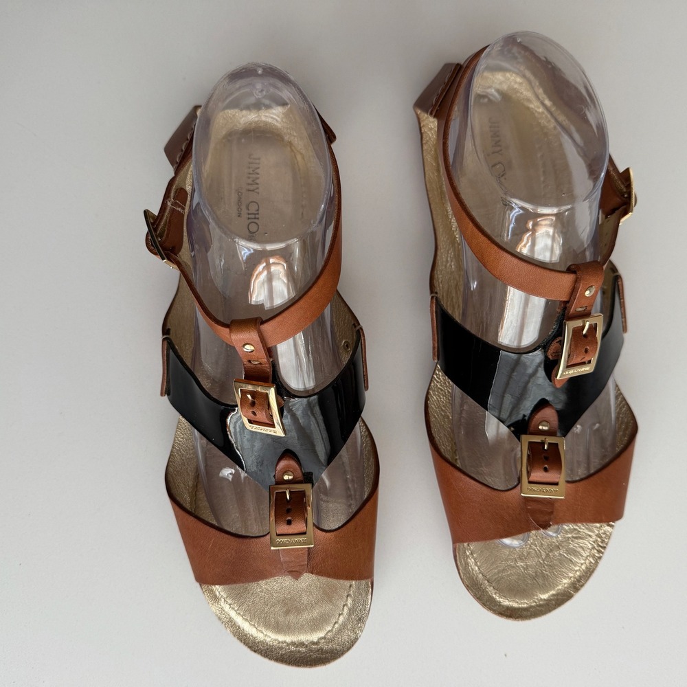 Jimmy Choo Gold Buckle Black Patent Brown Leather Flat Strappy Sandal EU 38 US 8